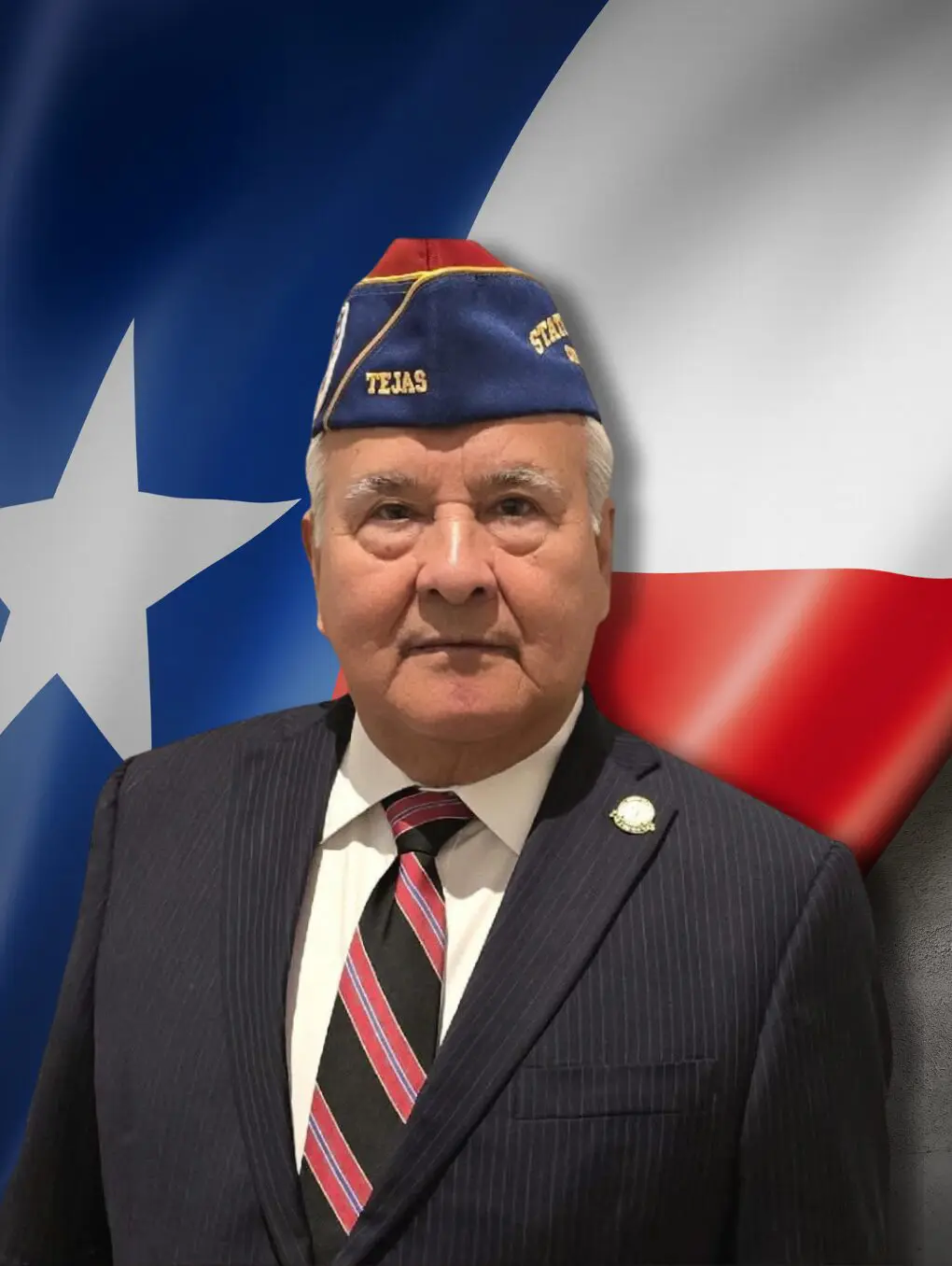 Veteran in cap and suit before Texas flag