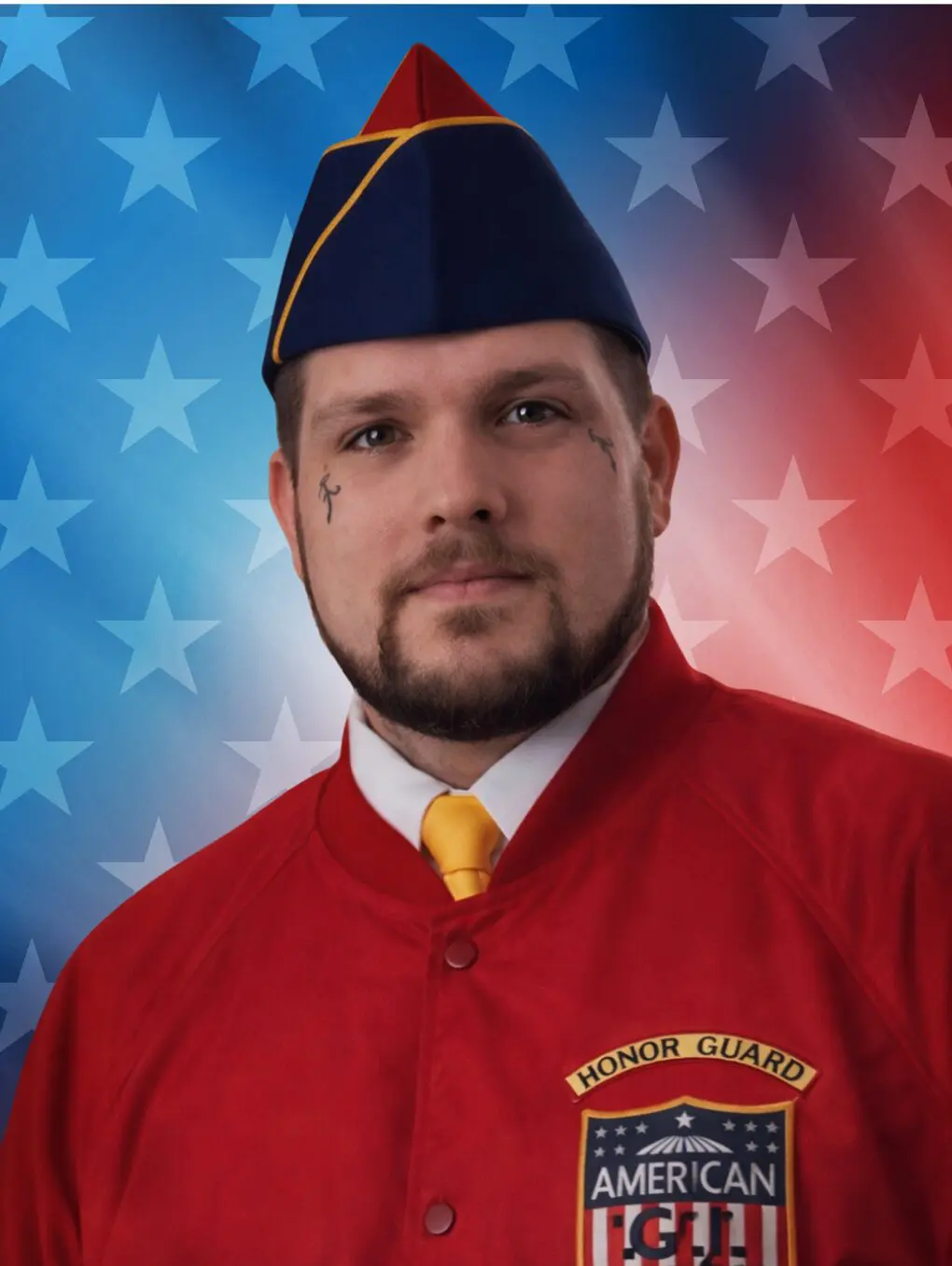 American honor guard member portrait, stars background