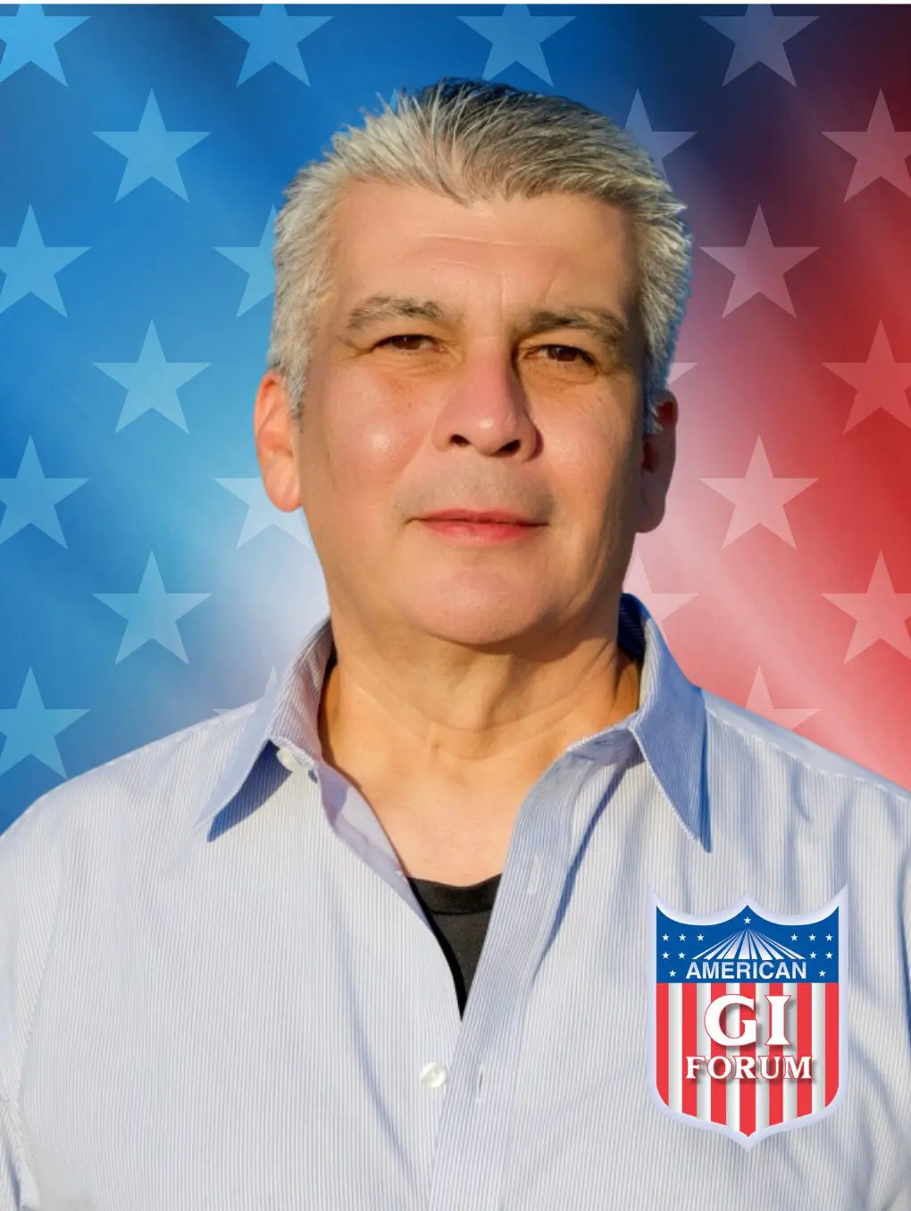 Middle-aged man with American stars backdrop