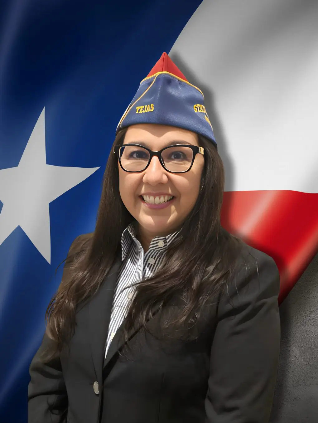 Smiling woman wearing veteran cap with Texas flag