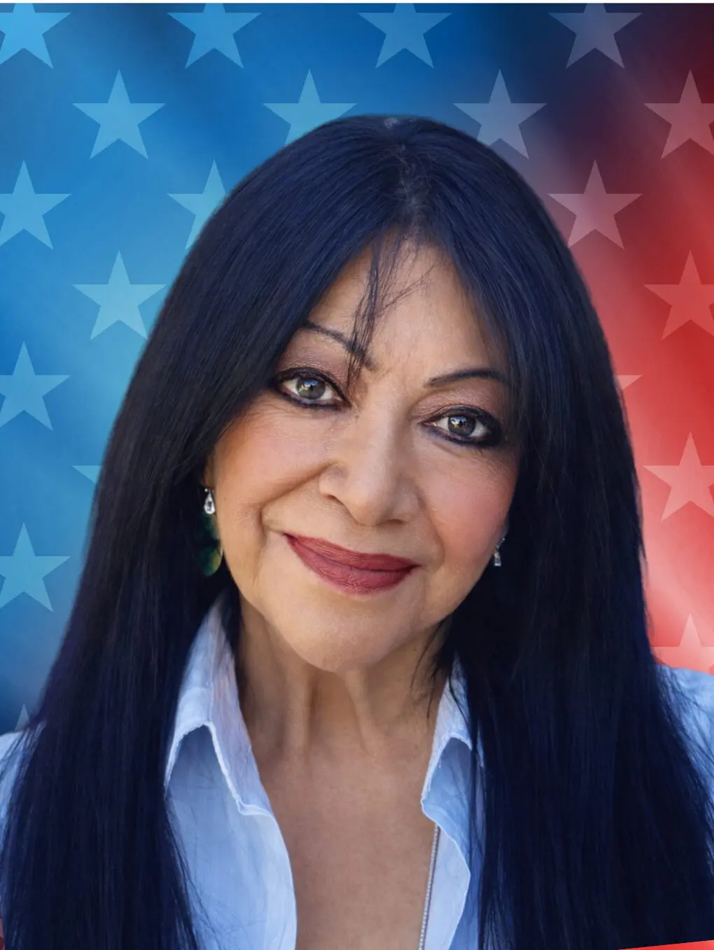 Smiling woman with long dark hair, American flag